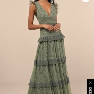 Marvelous Darling Olive Lace Ruffled Tiered Maxi Dress